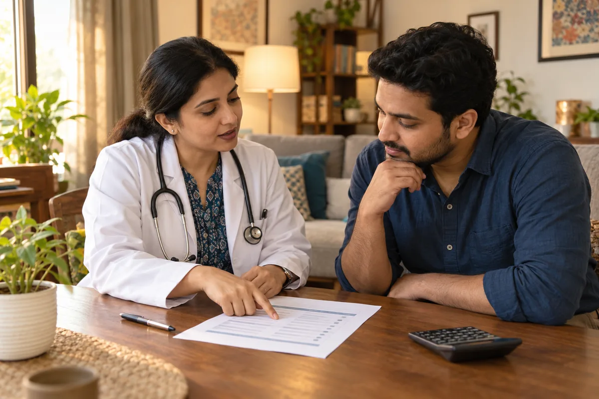 Illustration of a doctor and family member discussing a charge sheet at home