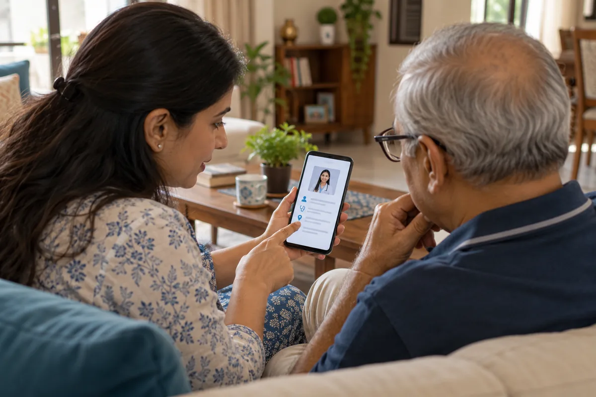 Illustration of a family reviewing a doctor’s profile on a smartphone before booking