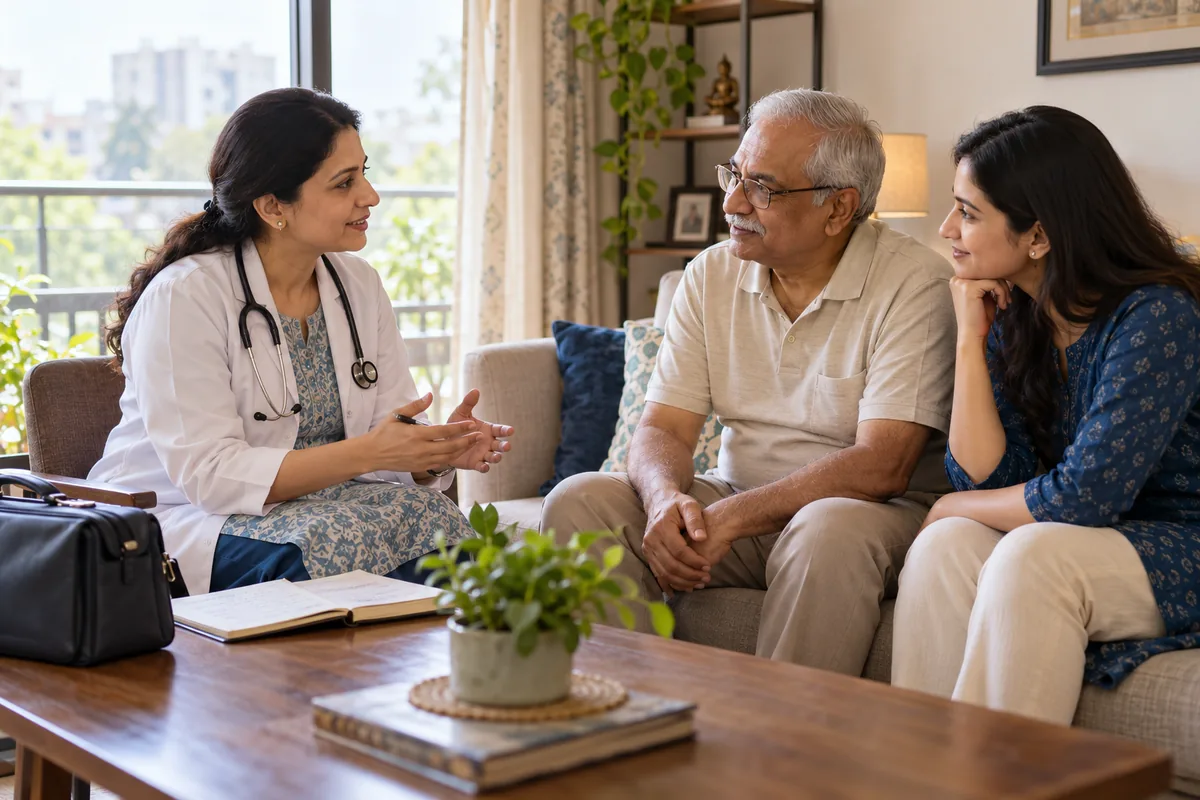 Illustration of a doctor discussing a home consultation with an older man and his daughter