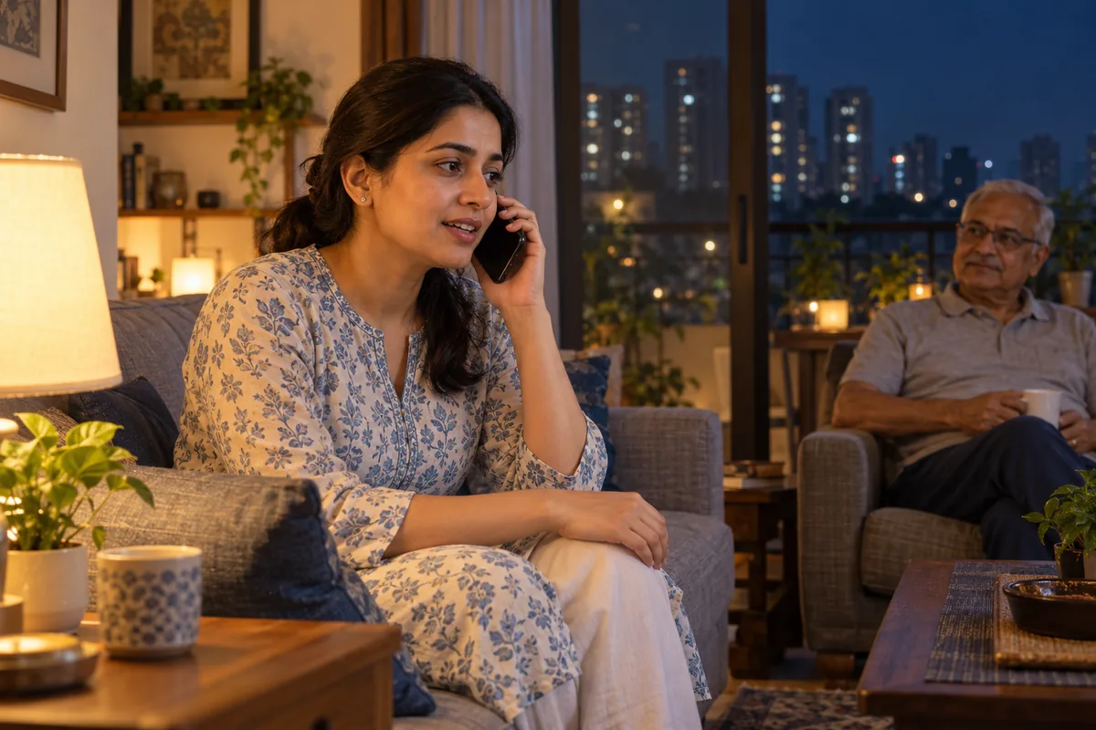 Illustration of a daughter making a night-time home-visit enquiry while her father rests nearby