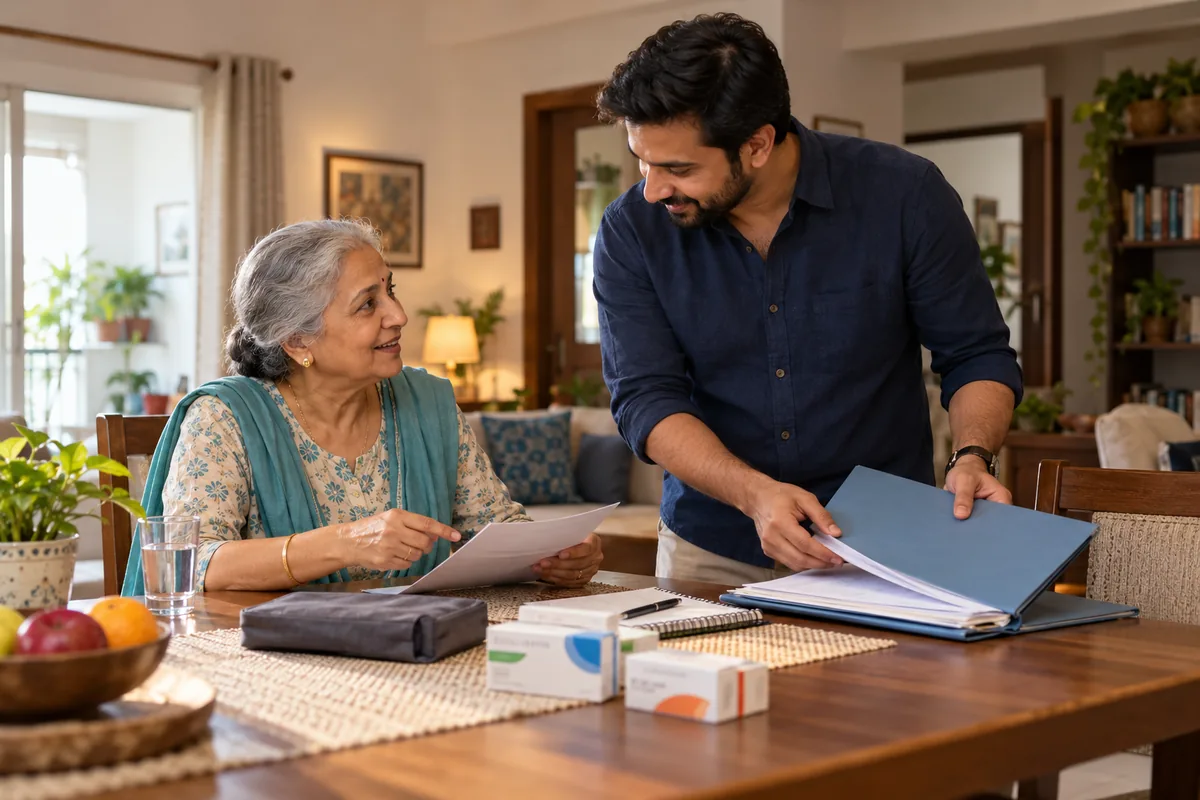 Illustration of a mother and son preparing records and questions for a home visit