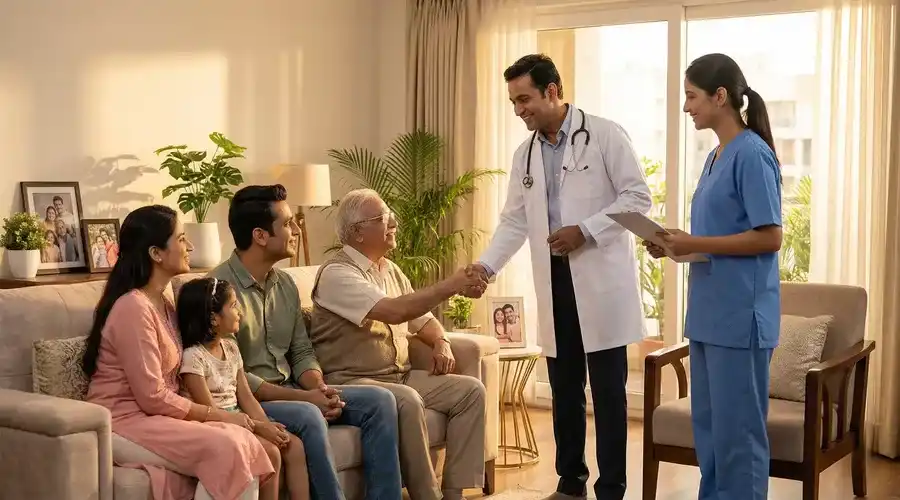 Family greeting a doctor and assistant in their living room