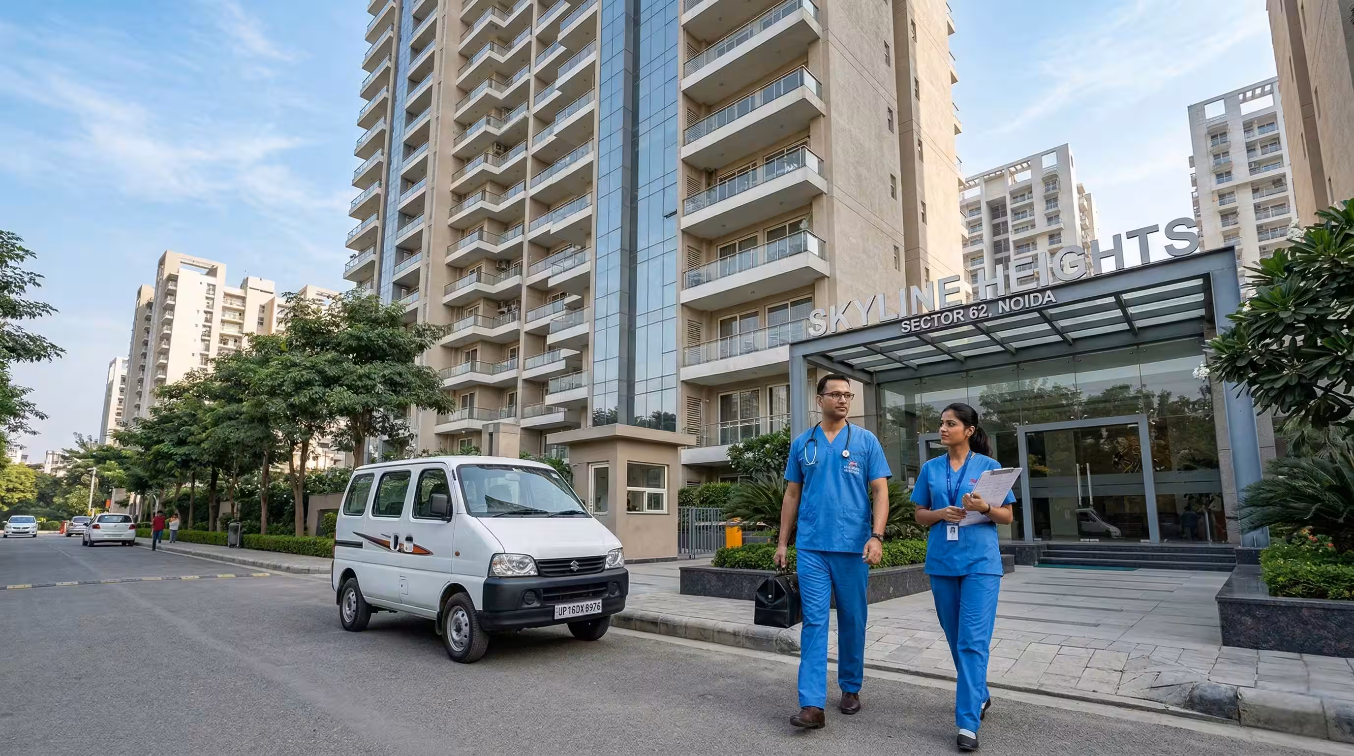 DocNCR doctor and assistant team walking to a home healthcare appointment in Delhi NCR