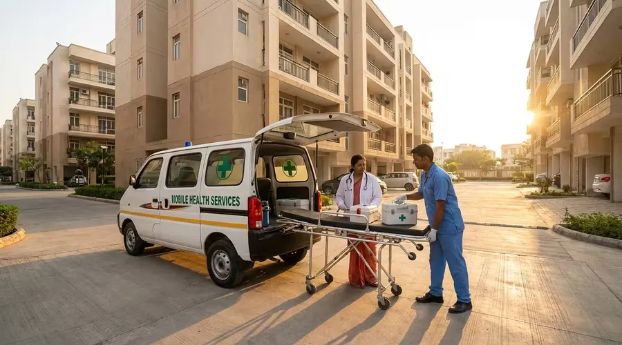 DocNCR mobile health services van with doctor and assistant arriving at residential society in Gurugram